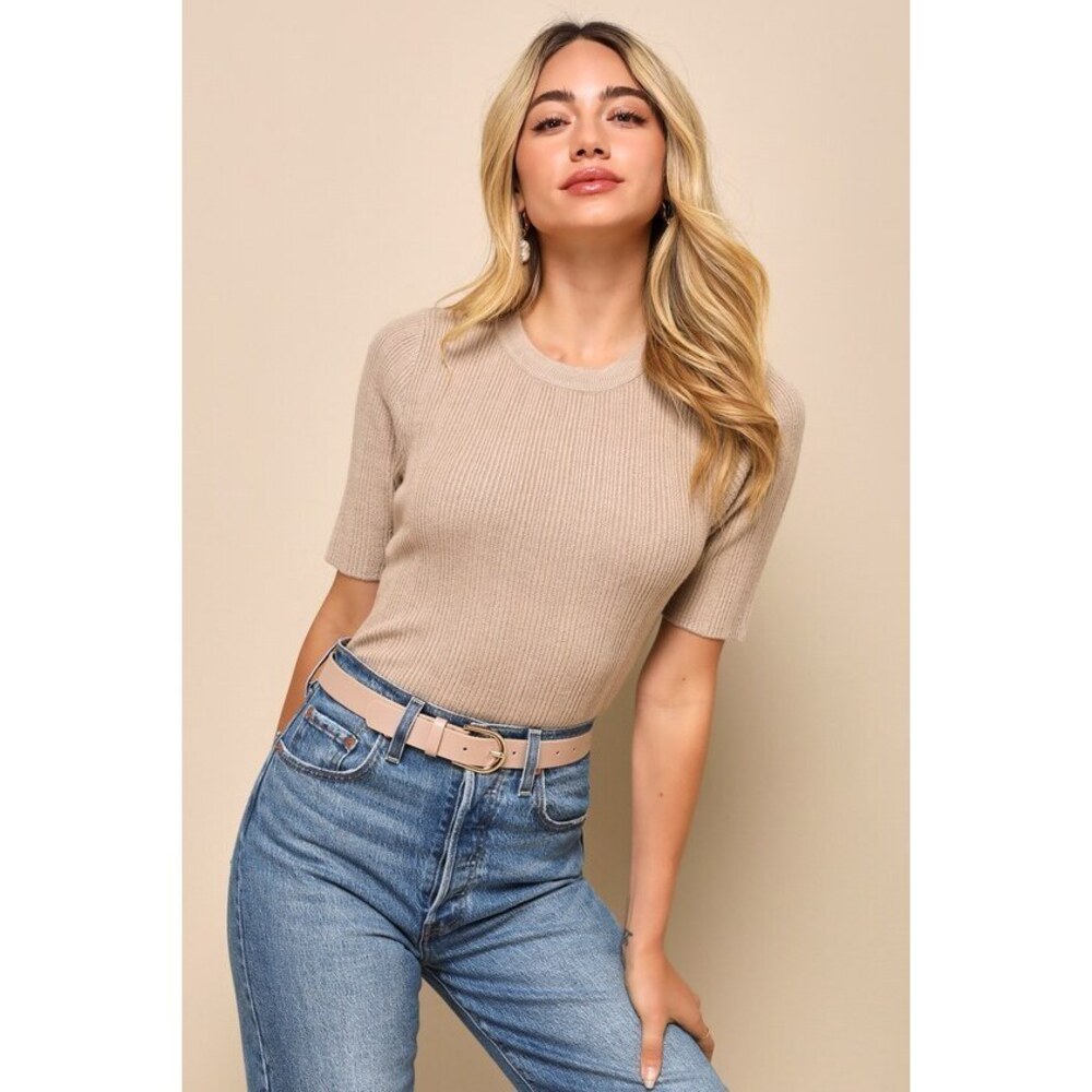 Lulus Stylish Perfection Beige Ribbed Knit Sweater Top - Size L